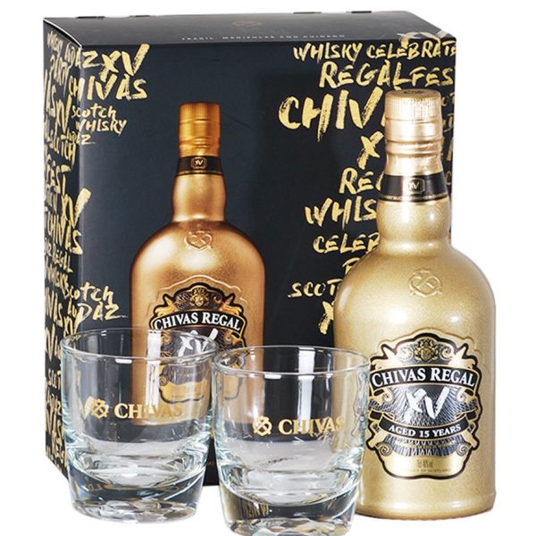 W. CHIVAS REGAL XV GOLD X 750 ML EST + 2 VASOS